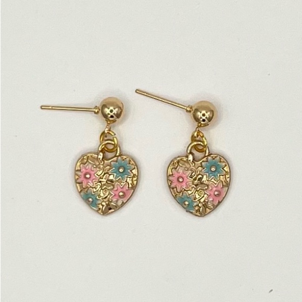 Gold Floral Heart Drop Stud Earrings